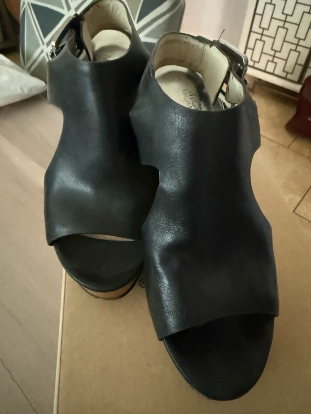 Michael Kors Black Leather Peep-Toe Wedges - Women